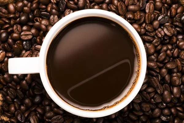 Kopp varmt kaffe på kaffebönor — Stockfoto
