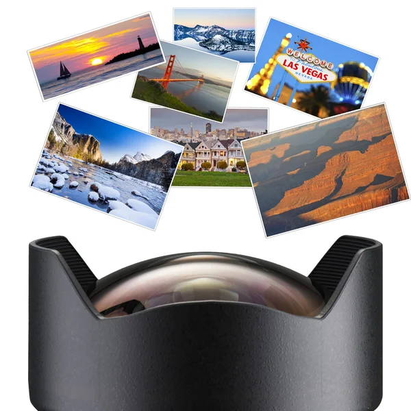 Camera Lens with Travel Photos — Stock Photo, Image