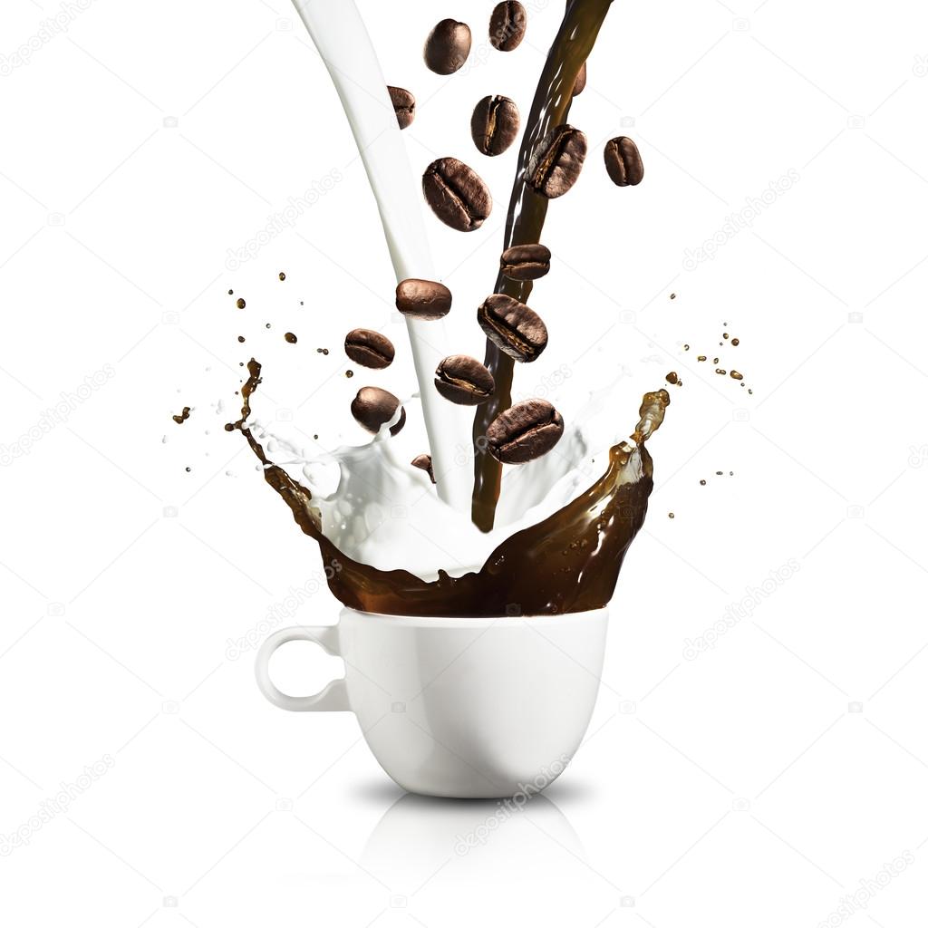 Coffee Beans Falling Into Glass of Coffee