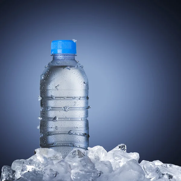 Bottiglia di acqua fredda su cubetti di ghiaccio — Foto Stock