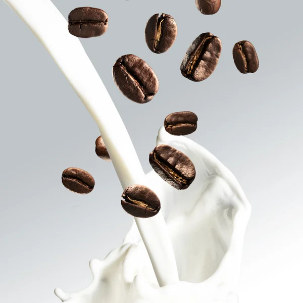 Granos de café cayendo en un vaso de leche — Foto de Stock