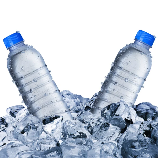 Cold Water Bottles On Ice Cubes — Stock Photo, Image