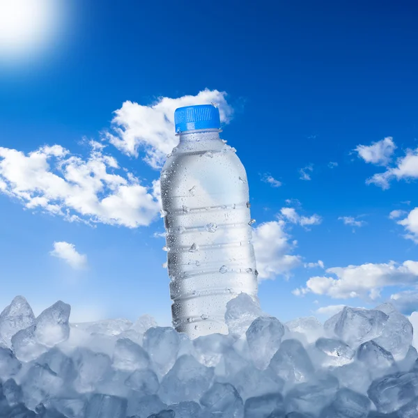 Garrafa de água fria em cubos de gelo — Fotografia de Stock