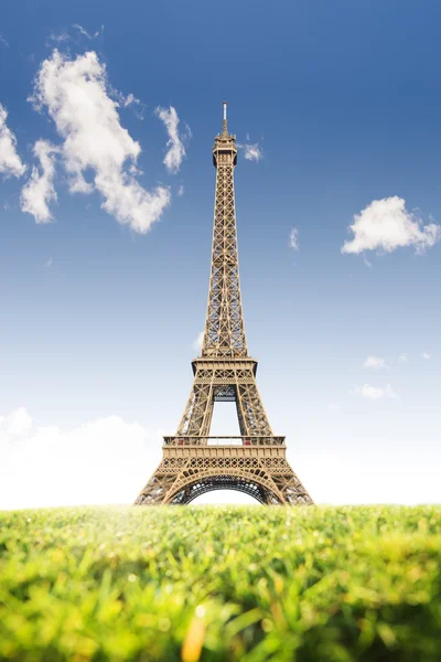 Torre Eiffel com grama em primeiro plano — Fotografia de Stock