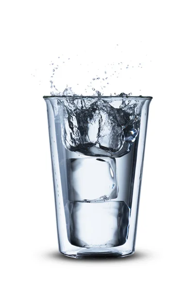 Ice Cubes Falling On Water Glass — Stock Photo, Image