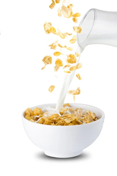 Milk Pour Into Cereal Corn Flakes — 图库照片