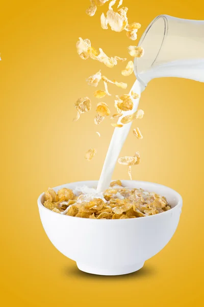 Milk Pour Into Cereal Corn Flakes — 图库照片