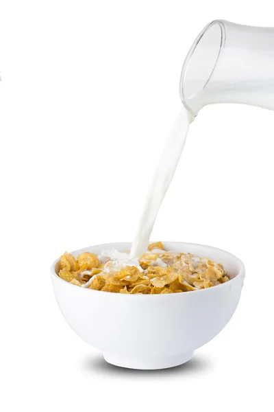 Milk Pour Into Cereal Corn Flakes — 스톡 사진