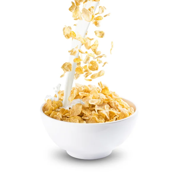 Corn Flakes and Milk Splash on Bowl — Stock Photo, Image