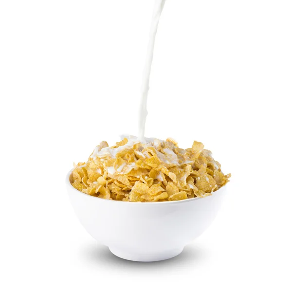 Milk Splash on Bowl of Corn Flakes — Stock Photo, Image