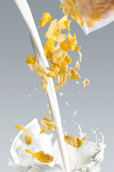 Corn Flakes Falling into Milk Splash — 图库照片