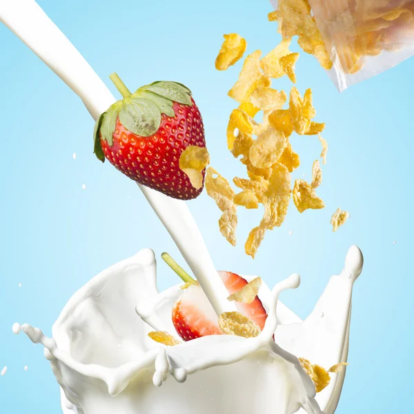 Corn Flakes Falling into Milk Splash — 图库照片