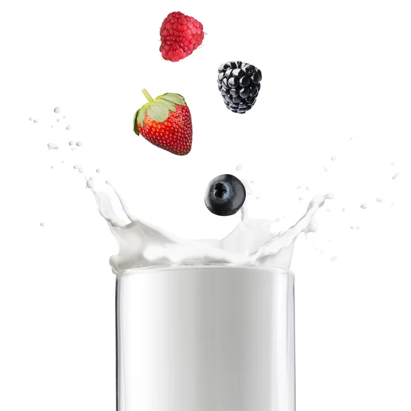 Various Berries Falling Into Milk — Stock Photo, Image