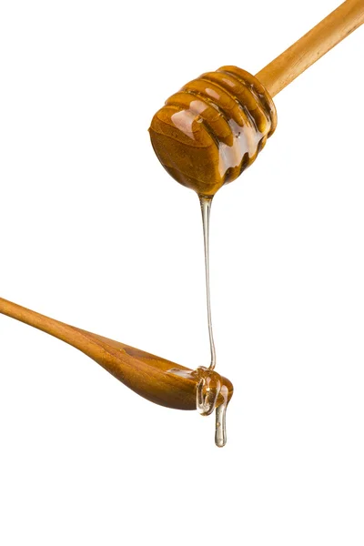 Honey Drip Into Wooden Spoon — Stock Photo, Image