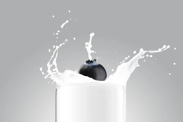 Blueberry Falling On Milk Splash — Stock Photo, Image