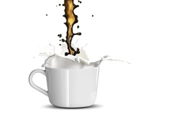 Beyaz Arkaplanda Kahve ve Süt Sıçratma Turu. Güzel Stüdyo Işıklandırması Yüksek Hızlı Fotoğraf Çekimi