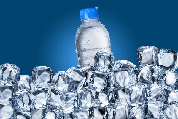 Botella de agua fría en cubo de hielo — Foto de Stock