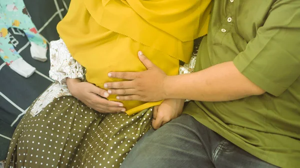 Cropped Close Photo Beautiful Expectant Tender Lovely Muslim Couple Third — Stok Foto