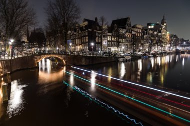 Alacakaranlıkta Amsterdam 'daki Leidsegracht ve Keizersgracht kanallarının kesiştiği köprülerin manzarası. Bisikletler ve binalar görülebilir. Teknenin izleri görülebilir..