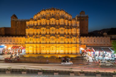 Hawa Mahal (Palace of the Winds) in central Jaipur at night clipart