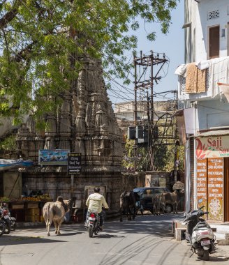 UDAIPUR, Hindistan - 20 Mart 2016: Gündüz Udaipur 'daki sokakları ve trafiği görmek. Trafik ve insanlar görülebilir..