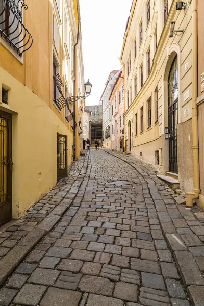 BRATISLAVA, SLOVAKIA - 29 Nisan 2016: Bratislava 'daki eski sokaklar gün içinde binalar ve kaldırımlı caddeler gösteriliyor. İnsanlar görülebilir..
