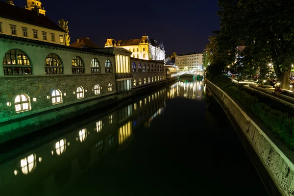 Ljubljana Slovenia 26Th May 2016 Ljubljana Central Market River Night — Stock Photo, Image