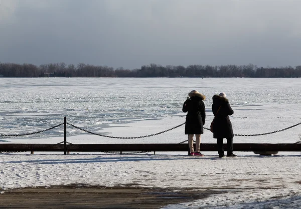 Personas mirando hacia fuera en el lago Ontario en el invierno — Foto de Stock