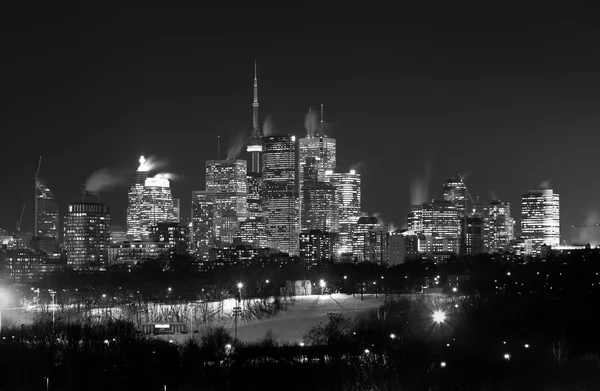 Downtown Toronto at Night in the Winter in black and white