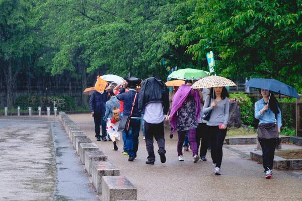 Osaka Japón Adultos Niñas Niños Pequeños Impermeables Con Sombrillas Castillo — Foto de Stock