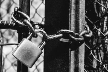 Demir çitin üzerindeki zincirle kapatılmış bir asma kilidin ayrıntıları (siyah ve beyaz olarak))