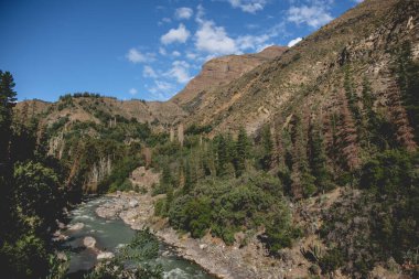 Güneşli bir günde Maipo Nehri 'nin güzel panoramik manzarası, mavi gökyüzü ve And Dağları tepeleri.
