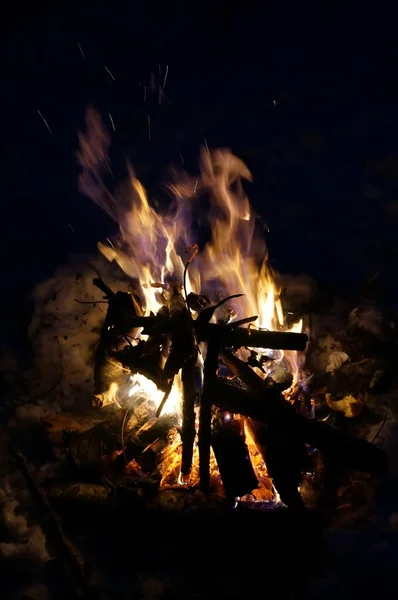 Feu de nuit avec des étincelles dans une forêt en hiver — Photo