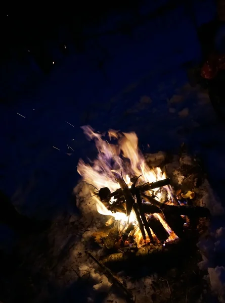 Fogo noturno com faíscas em uma floresta no inverno — Fotografia de Stock