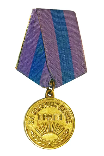 Medaille "voor de bevrijding van Praag" op een witte achtergrond Stockfoto