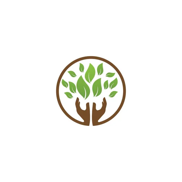 Αποθήκευση Της Φύσης Οικολογία Λογότυπο Χέρι Και Φύλλα Εικονογράφηση — Διανυσματικό Αρχείο