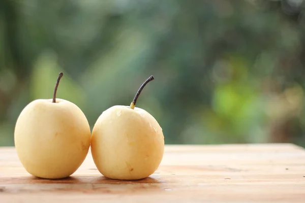 Yellow pear,yali pear fruit on wooden table