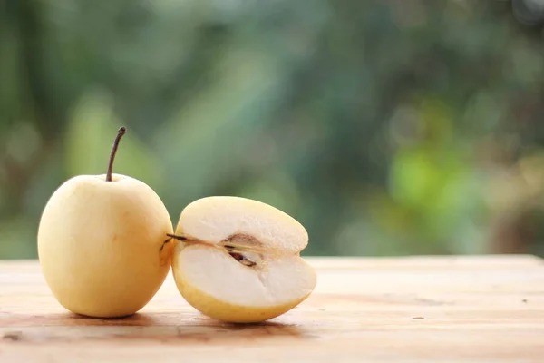 Yellow pear,yali pear fruit on wooden table