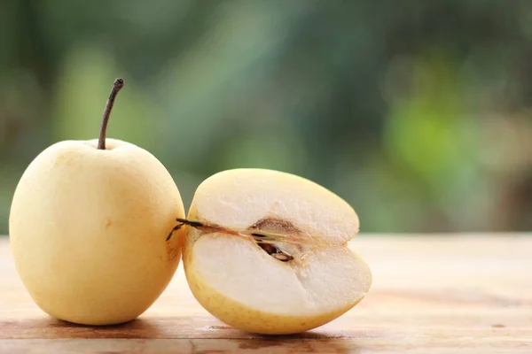 Yellow pear,yali pear fruit on wooden table