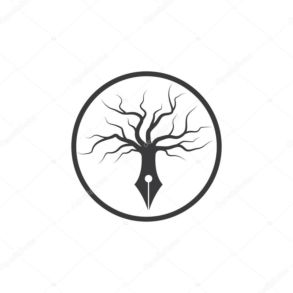 Old tree with pen  logo template vector design