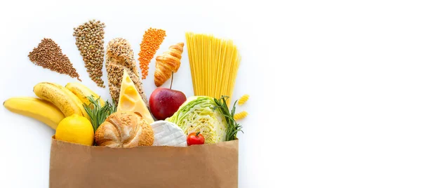 Sağlıklı Yiyeceklerle Dolu Kağıt Poşet Vejetaryen Yiyecekler Sağlıklı Gıda Geçmişi — Stok fotoğraf