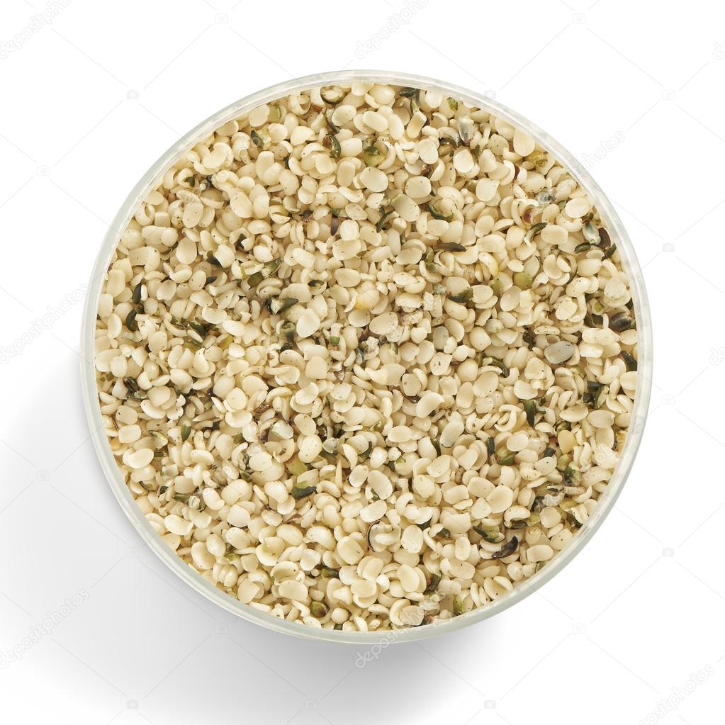 Hemp seed in a glas jar shot from above