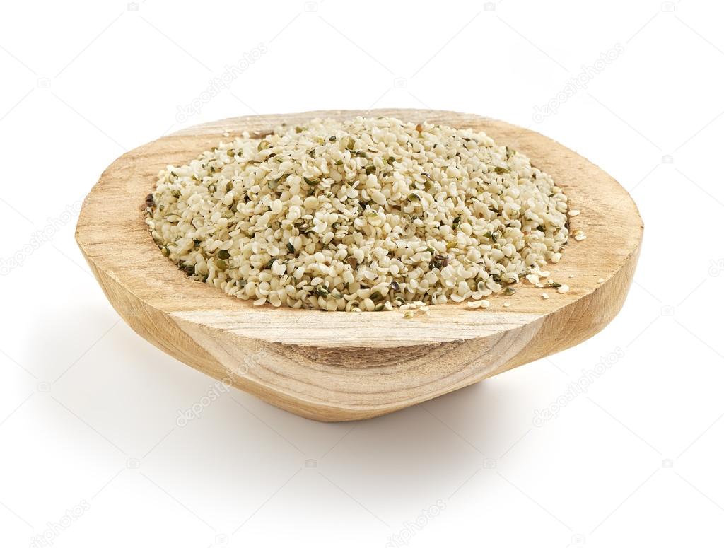 hemp seed in a wooden bowl