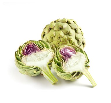 Whole and Cut Globe Artichokes on White Background clipart