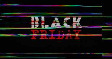 Kara Cuma, çarpıtılmış ve bozulma etkisi 3 boyutlu resimleme. Alışveriş işi, satış promosyonu, indirim ve perakende konsepti. Gürültülü retro TV tarzı arkaplan.