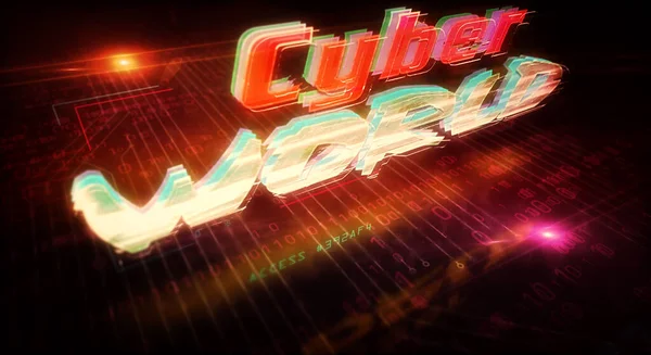 Cyber world futuristic cyberpunk style illustration. Modern abstract 3d rendering hologram intro with glitch effect. Cybernetic town and digital reality concept.