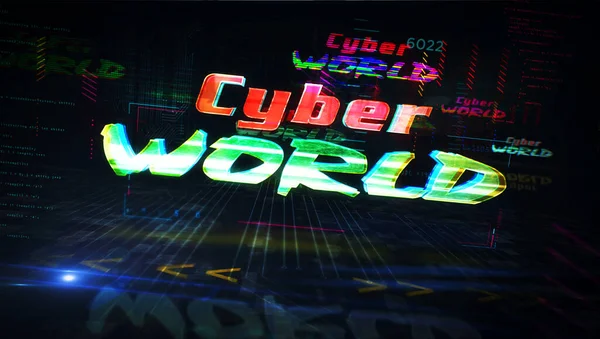 Cyber world futuristic cyberpunk style illustration. Modern abstract 3d rendering hologram intro with glitch effect. Cybernetic town and digital reality concept.