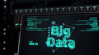 Büyük veri teknolojisi, dijital analiz, yapay zeka, bilim ve endüstri 4.0 sembolleri veri tabanında. Siber ve yenilikçi iş konsepti 3 boyutlu animasyon. Sunucu raflarındaki genişleme.