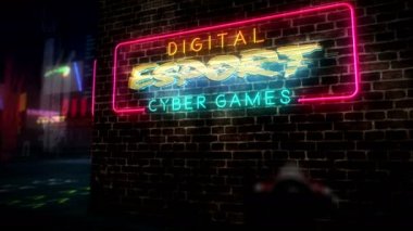 Esport oyun hologramı ve neon ışığı. Gelecekçi siber punk tarzı tanıtım animasyonu. Modern soyut sanat 3D giriş ve arıza efekti. Sanal oyun, e-spor ve video oyun turnuvası konsepti.