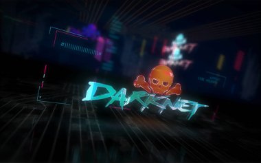 Darknet futuristic cyberpunk style illustration. Modern abstract 3d hologram intro with glitch effect. Cyber crime, darkweb, piracy, illegal network, hacking, theft and security breach concept. clipart